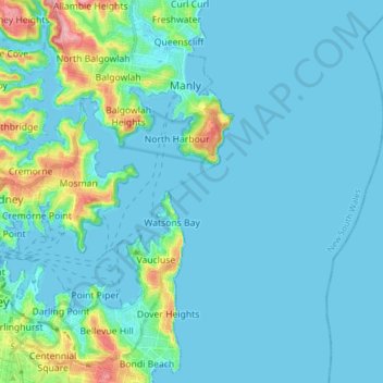 Mapa topográfico Sydney Harbour National Park, altitude, relevo