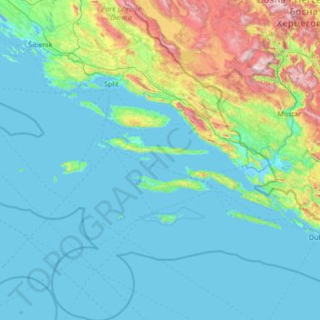 Mapa topográfico Splitsko-dalmatinska županija, altitude, relevo