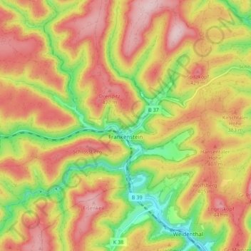Mapa topográfico Frankenstein, altitude, relevo