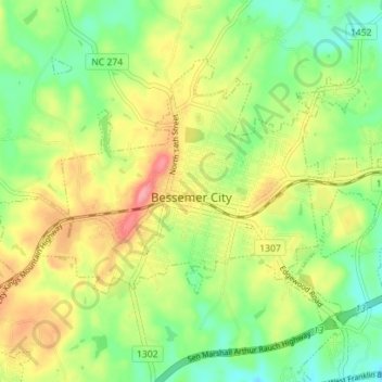 Mapa topográfico Bessemer City, altitude, relevo