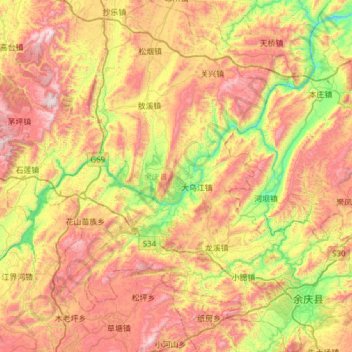 Mapa topográfico 余庆县, altitude, relevo