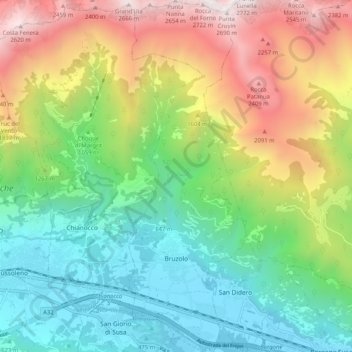 Mapa topográfico Bruzolo, altitude, relevo