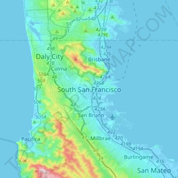 Mapa topográfico South San Francisco, altitude, relevo