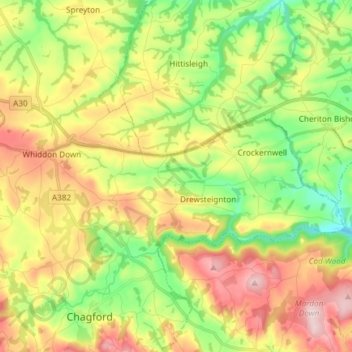 Mapa topográfico Drewsteignton, altitude, relevo