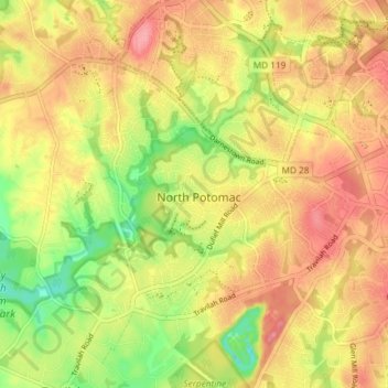 Mapa topográfico North Potomac, altitude, relevo