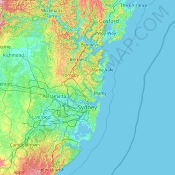 Mapa topográfico Sydney, altitude, relevo