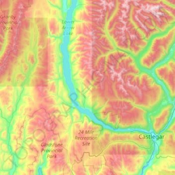 Mapa topográfico Area J (Lower Arrow/Columbia), altitude, relevo