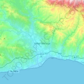 Mapa topográfico Vélez-Málaga, altitude, relevo