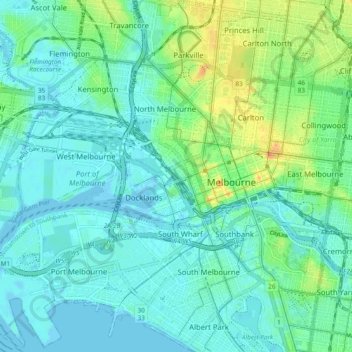 Mapa topográfico City of Melbourne, altitude, relevo