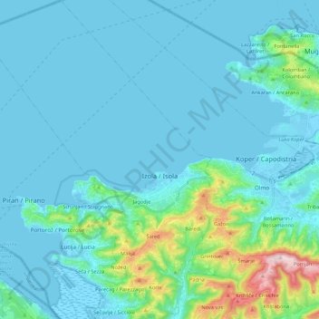 Mapa topográfico Izola / Isola, altitude, relevo