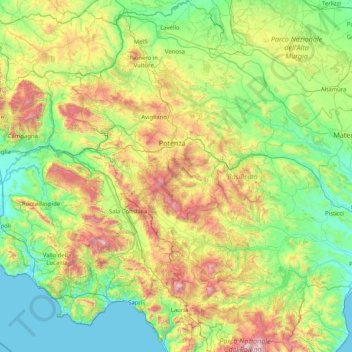 Mapa topográfico Potenza, altitude, relevo