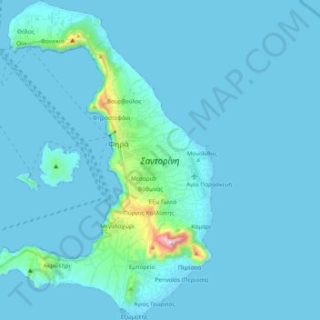 Mapa topográfico Santorini, altitude, relevo