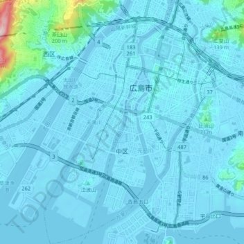 Mapa topográfico Hiroshima, altitude, relevo