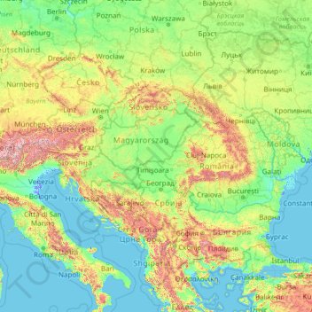 Mapa topográfico Danúbio, altitude, relevo