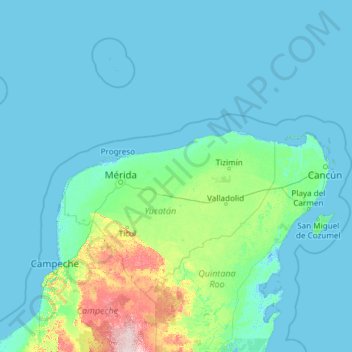 Mapa topográfico Yucatán, altitude, relevo