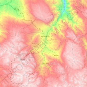 Mapa topográfico Hualgayoc, altitude, relevo
