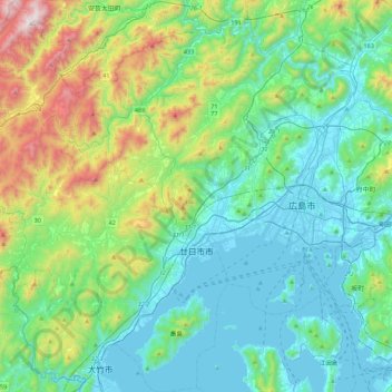 Mapa topográfico 廿日市市, altitude, relevo