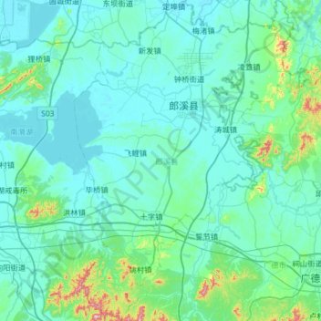 Mapa topográfico 郎溪县, altitude, relevo