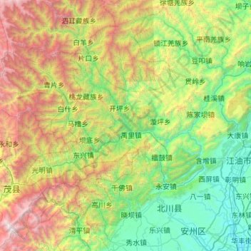 Mapa topográfico 北川羌族自治县, altitude, relevo