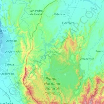Mapa topográfico Alto Sinú, altitude, relevo
