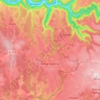Mapa topográfico Rilhac-Xaintrie, altitude, relevo
