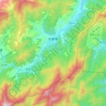 Mapa topográfico 水磨镇, altitude, relevo