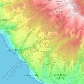 Mapa topográfico Prazeres, altitude, relevo