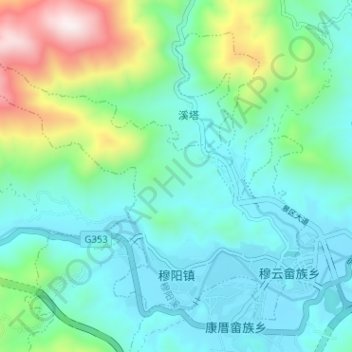Mapa topográfico 穆阳镇, altitude, relevo