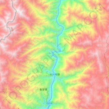 Mapa topográfico 大兴地镇, altitude, relevo
