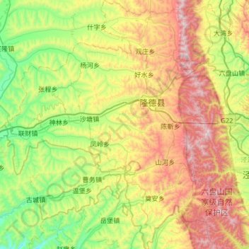 Mapa topográfico 隆德县, altitude, relevo