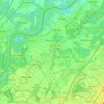 Mapa topográfico Rheinmünster, altitude, relevo