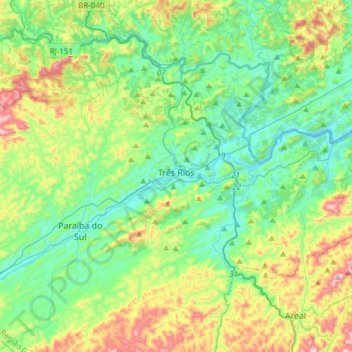 Mapa topográfico Três Rios, altitude, relevo