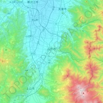 Mapa topográfico 山形市, altitude, relevo