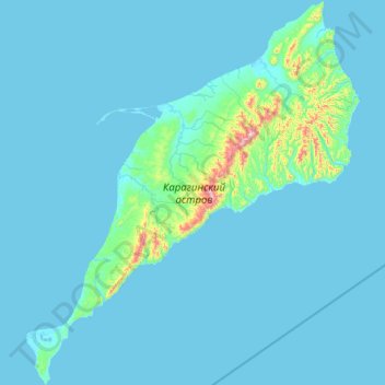 Mapa topográfico Karaginsky Island, altitude, relevo
