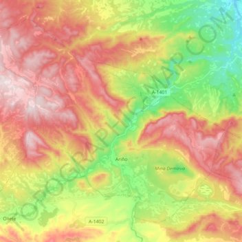 Mapa topográfico Ariño, altitude, relevo