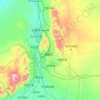Mapa topográfico 乌海市, altitude, relevo