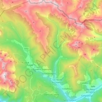 Mapa topográfico Comelico Superiore, altitude, relevo