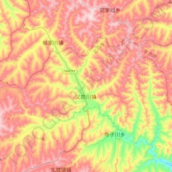 Mapa topográfico 义岗川镇, altitude, relevo