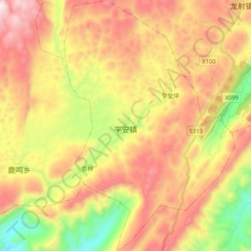 Mapa topográfico 平安镇, altitude, relevo