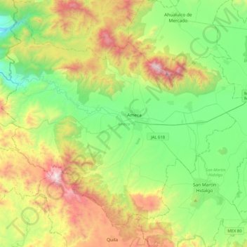 Mapa topográfico Ameca, altitude, relevo