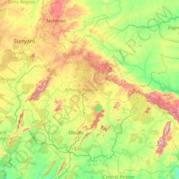 Mapa topográfico Axante (Gana), altitude, relevo