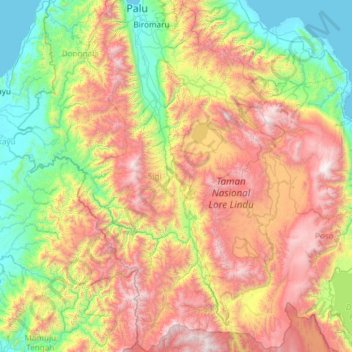 Mapa topográfico Sigi Regency, altitude, relevo