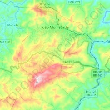 Mapa topográfico João Monlevade, altitude, relevo