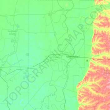 Mapa topográfico Leflore County, altitude, relevo