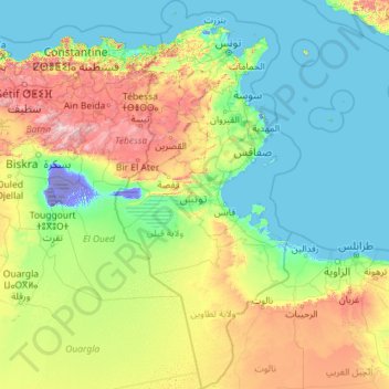 Mapa topográfico Tunísia, altitude, relevo