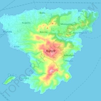 Mapa topográfico Αίγινα, altitude, relevo