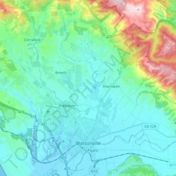 Mapa topográfico Watsonville, altitude, relevo