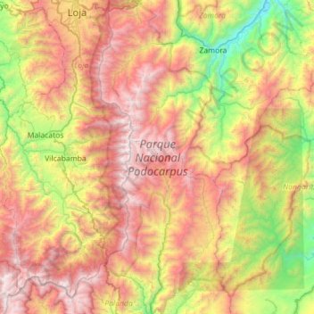 Mapa topográfico Parque Nacional Podocarpus, altitude, relevo