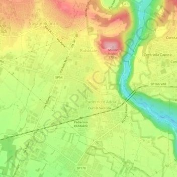 Mapa topográfico Robbiate, altitude, relevo