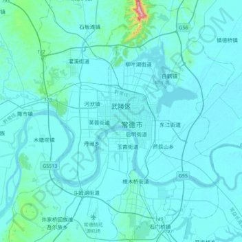 Mapa topográfico 武陵区, altitude, relevo